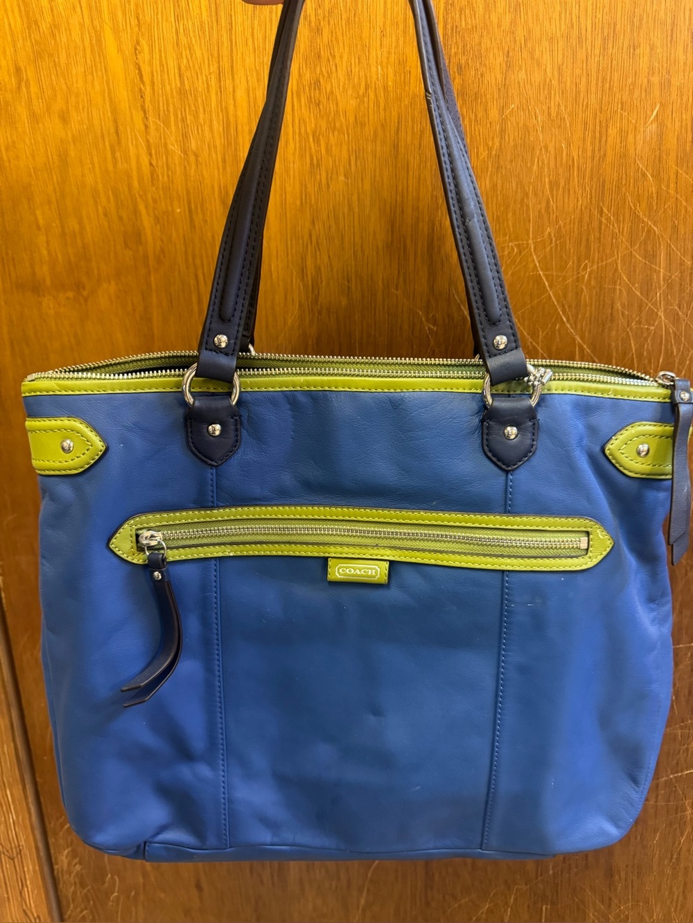 Coach Blue Tote with Lime Trim and Black Handles